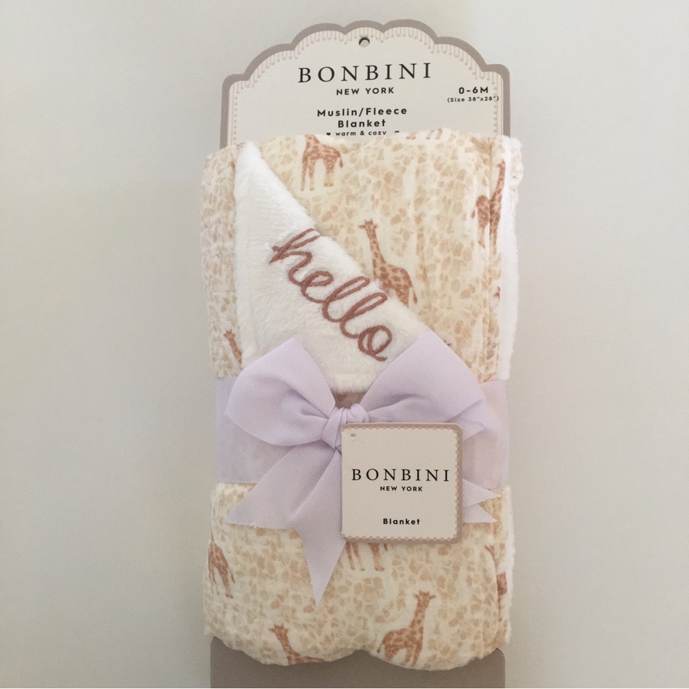 NEW Baby Blanket Muslin Fleece Soft Lining Giraffe Theme “Hello” | Bonbini